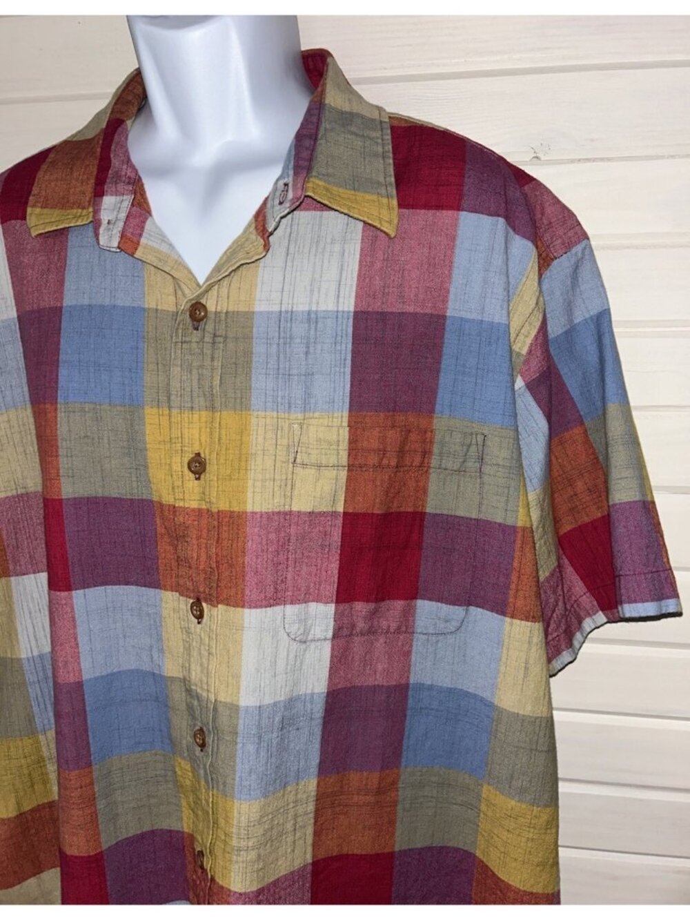 Orvis Shirt Mens Sz XL Plaid 100% Cotton Button Up Shirt S/S Red Yellow Blue EUC